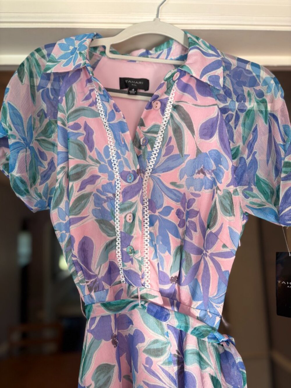 NWT (Other) Tahari Shadow-Striped Floral Print Belted Mini/Midi Dress. Size 4 - Picture 6 of 16